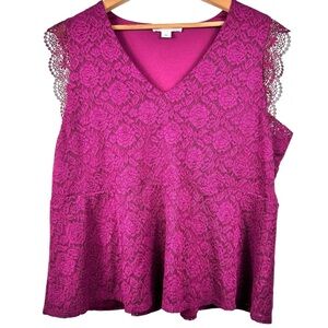 Additional Elle lace sleeveless blouse, 3X, magenta, vneck, peplum, lined, Party